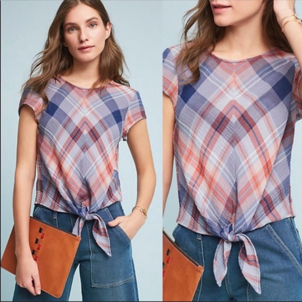 Anthropologie Cloth & Stone plaid tie front top